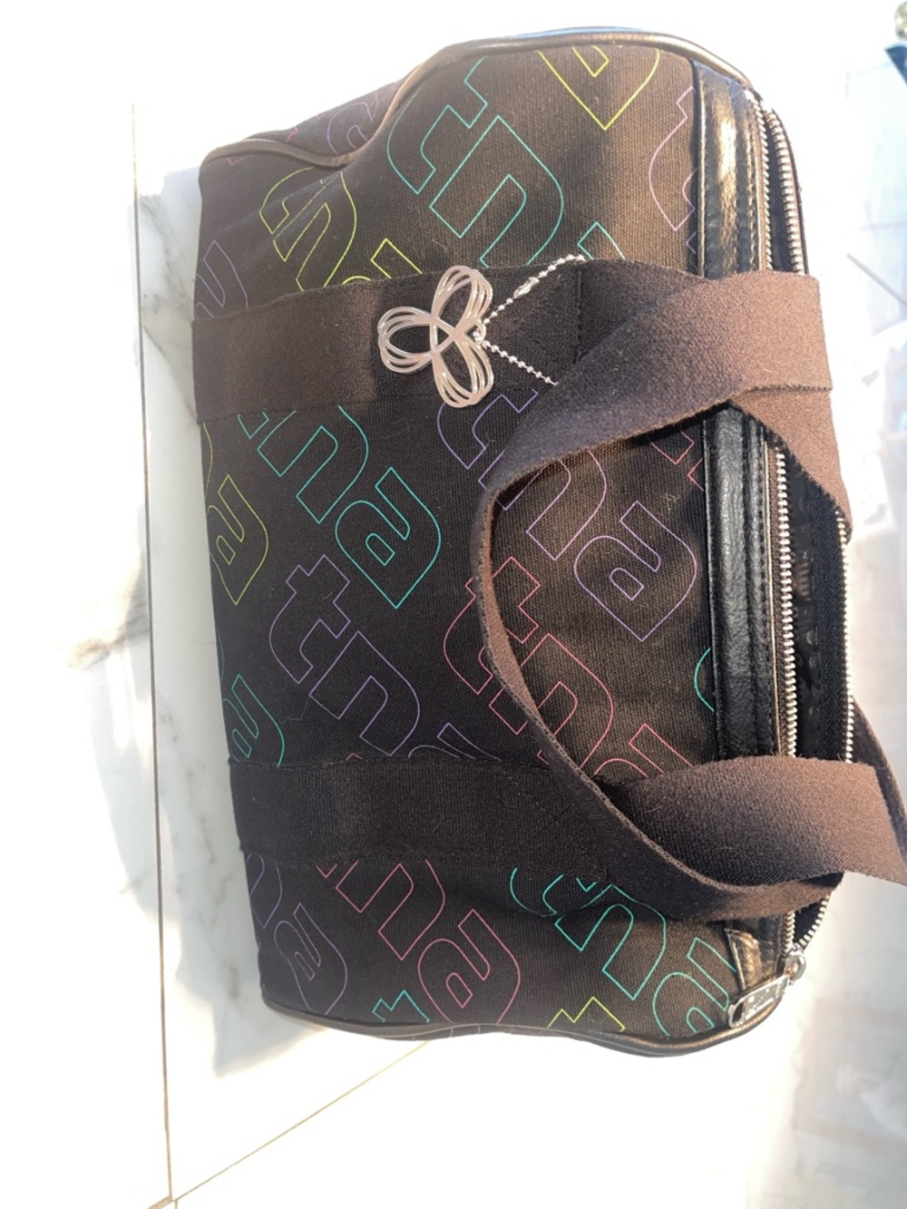 Vintage Y2K Mid 2000s Aritzia TNA Black Mini Duffel with Multicolor Logo Print